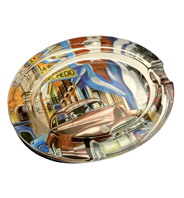 Zigarrenascher Glas oval mit Cuba Design 2 Ablagen